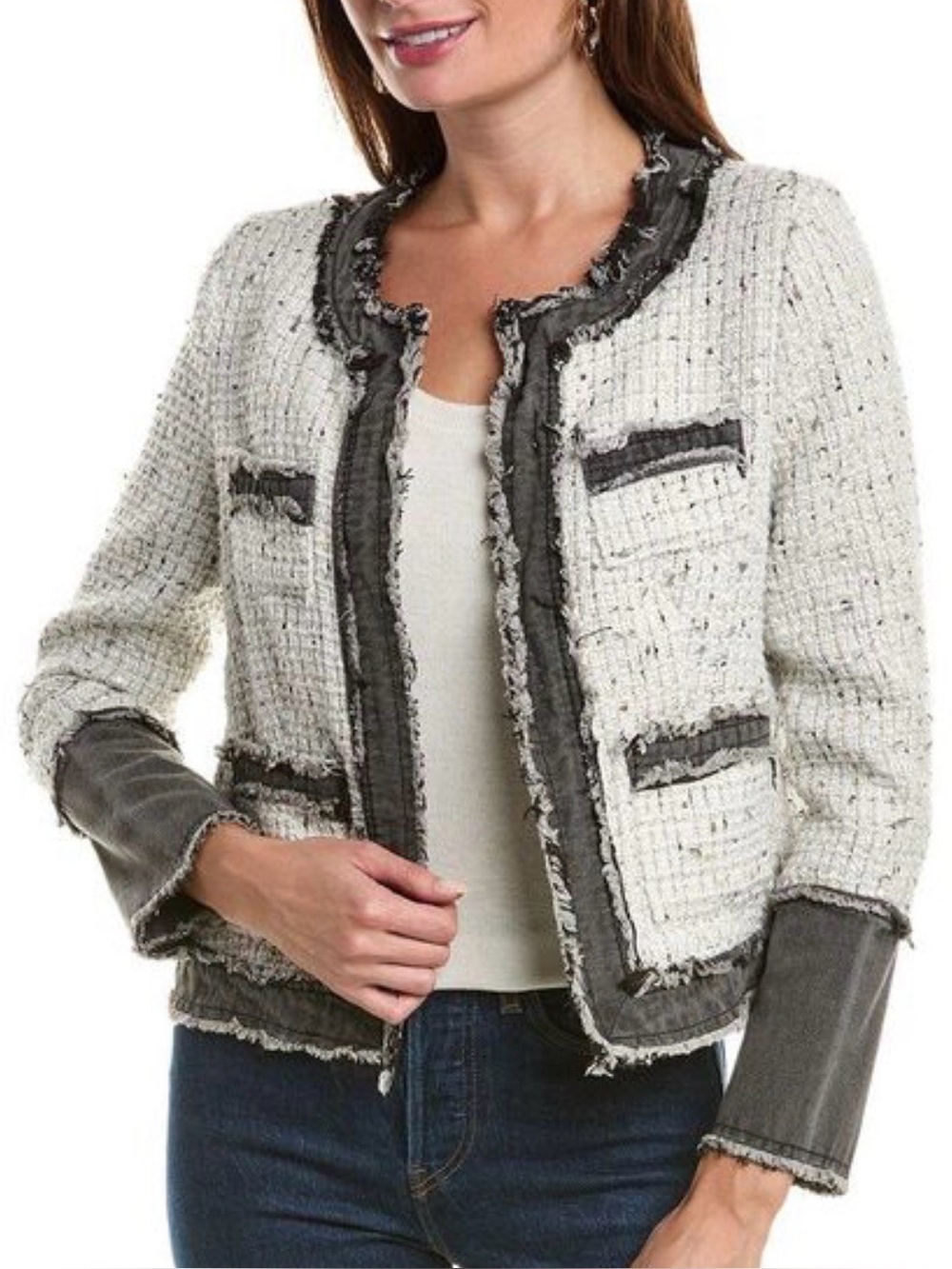 NWT! Nanette Lapore Fringed Tweed Open-Front Blazer in Cream and Black